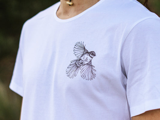 Front of Men's white ethical and sustainable organic cotton t-shirt with Fantail design by Katy Hayward