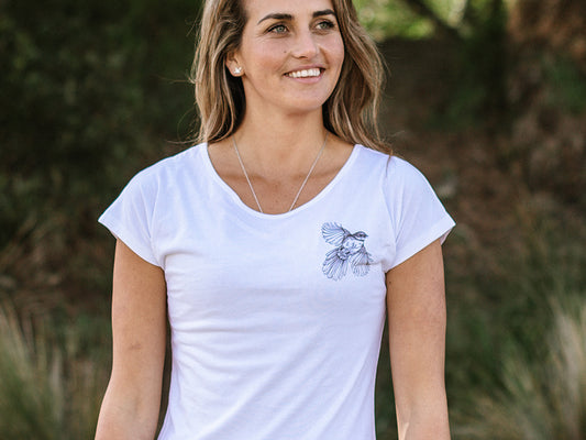 Women's ethical and sustainable organic cotton t-shirt with Fantail design by Katy Hayward