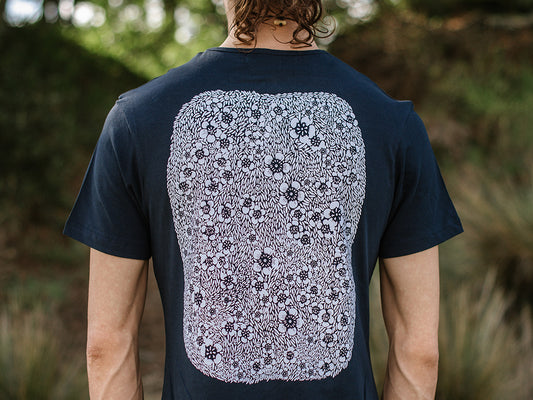 Back of navy Manuka Men's T-Shirt - Hannah Jensen Designed Organic Cotton Tee