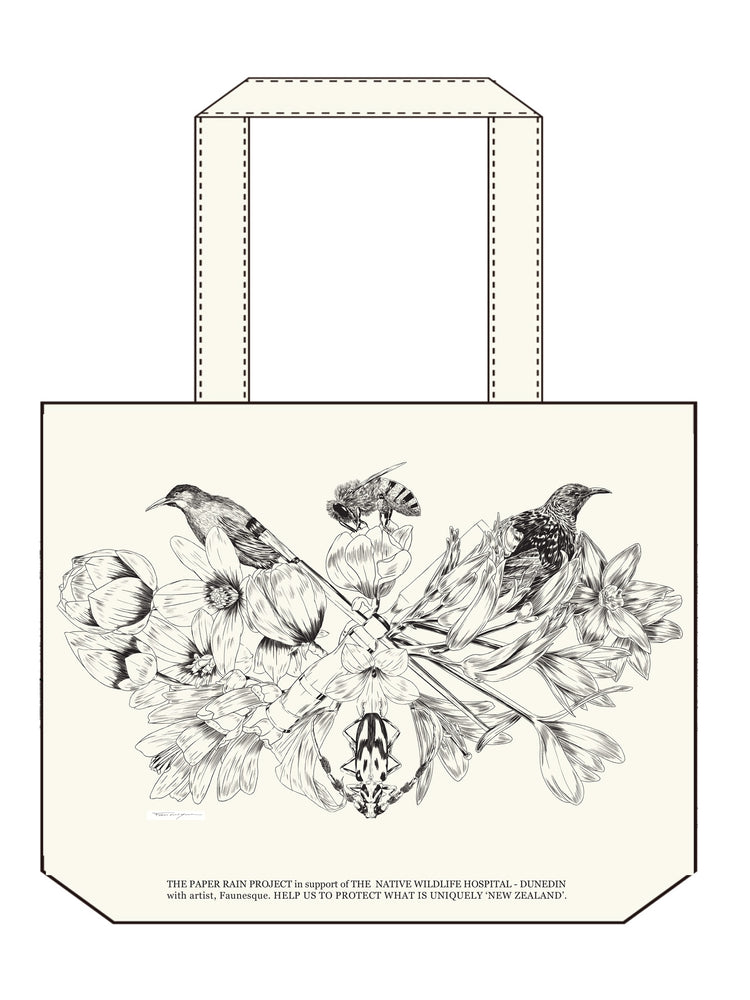 Flora hemp tote bag mock-up, designed by Faunesque for The Paper Rain Project and supporting The Wildlife Hospital, Dunedin