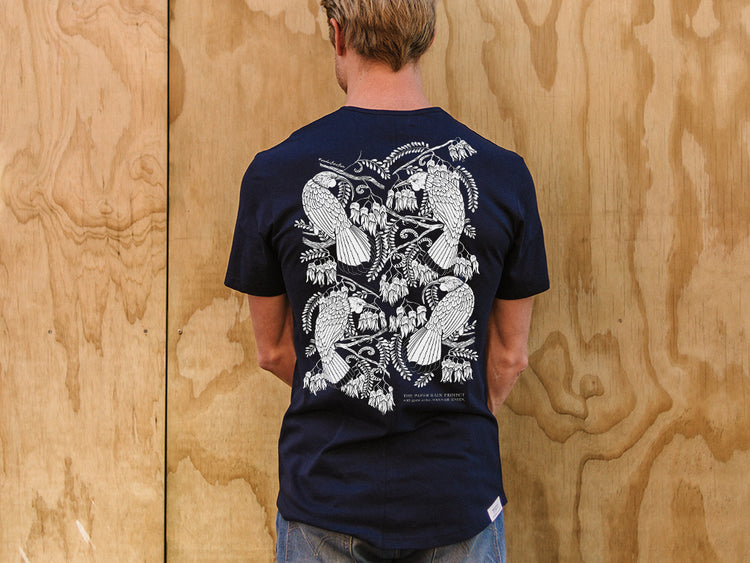 Back of Men's Waka Huia navy T-shirt with design by Hannah Jensen. Organic cotton fair trade tee, hand screen printed by The Paper Rain Project in Marlborough New Zealand