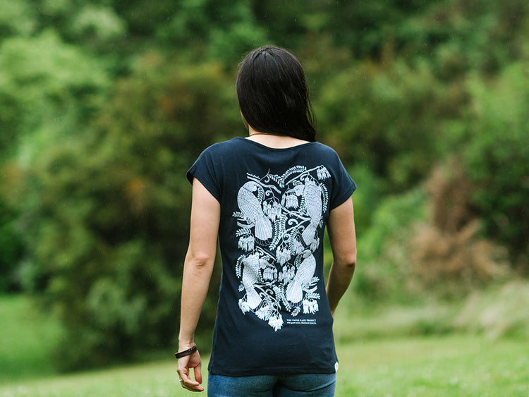Back of Women's Waka Huia navy T-shirt with design by Hannah Jensen. Organic cotton fair trade tee, hand screen printed by The Paper Rain Project in Marlborough New Zealand