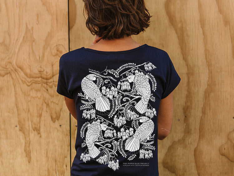 Back of Women's Waka Huia navy T-shirt with design by Hannah Jensen. Organic cotton fair trade tee, hand screen printed by The Paper Rain Project in Marlborough New Zealand