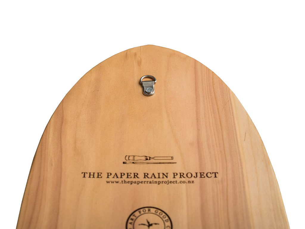 Hannah Jensen Two Tui on Harakeke laser etched on macrocarpa by The Paper Rain Project