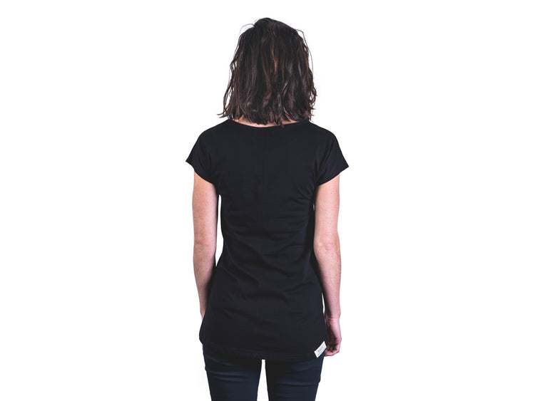 Back view of women's black tailor t-shirt by The Paper Rain Project.