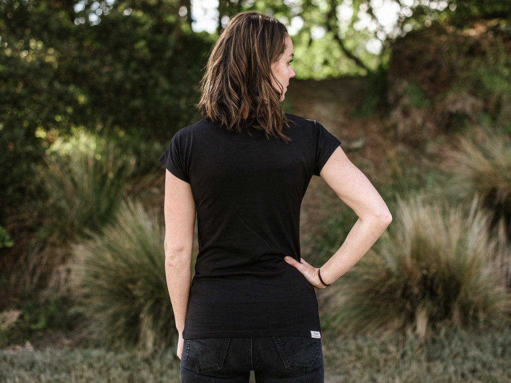 Back of The Time Is Now #2 Women's Organic Cotton T-Shirt in Black by Woo Woo. Printed in New Zealand by The Paper Rain Project