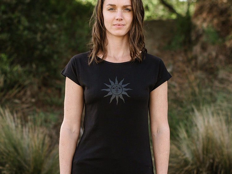 Front of The Time Is Now #2 Women's Organic Cotton T-Shirt in Black by Woo Woo. Printed in New Zealand by The Paper Rain Project