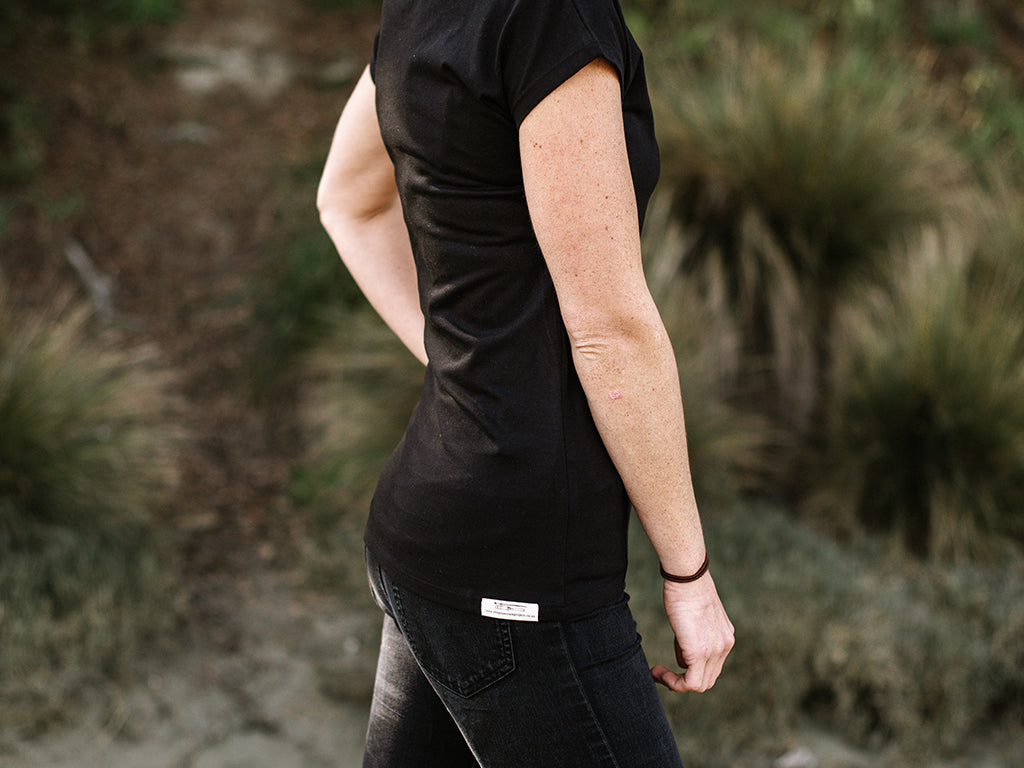 Side of The Time Is Now #2 Women's Organic Cotton T-Shirt in Black by Woo Woo. Printed in New Zealand by The Paper Rain Project