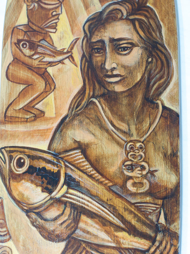 Pania in converstation with Tangaroa hand painted wine barrel art board by Michel Tuffery