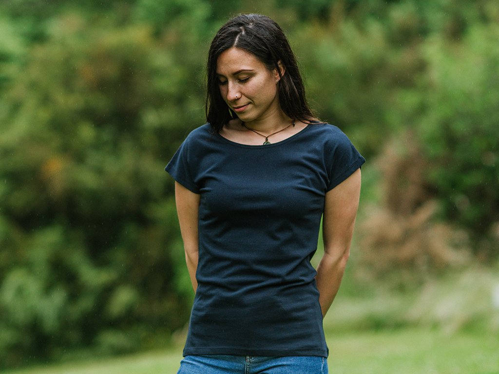 Front of Women's Plain Tailor T-shirt in Navy. A simple, fair-trade, organic cotton t-shirt