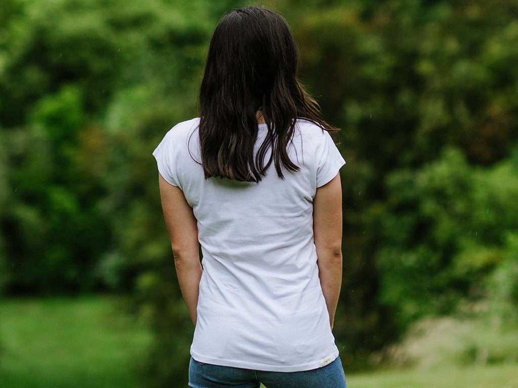 Back of Women's Plain Tailor T-shirt in White. A simple, fair-trade, organic cotton t-shirt