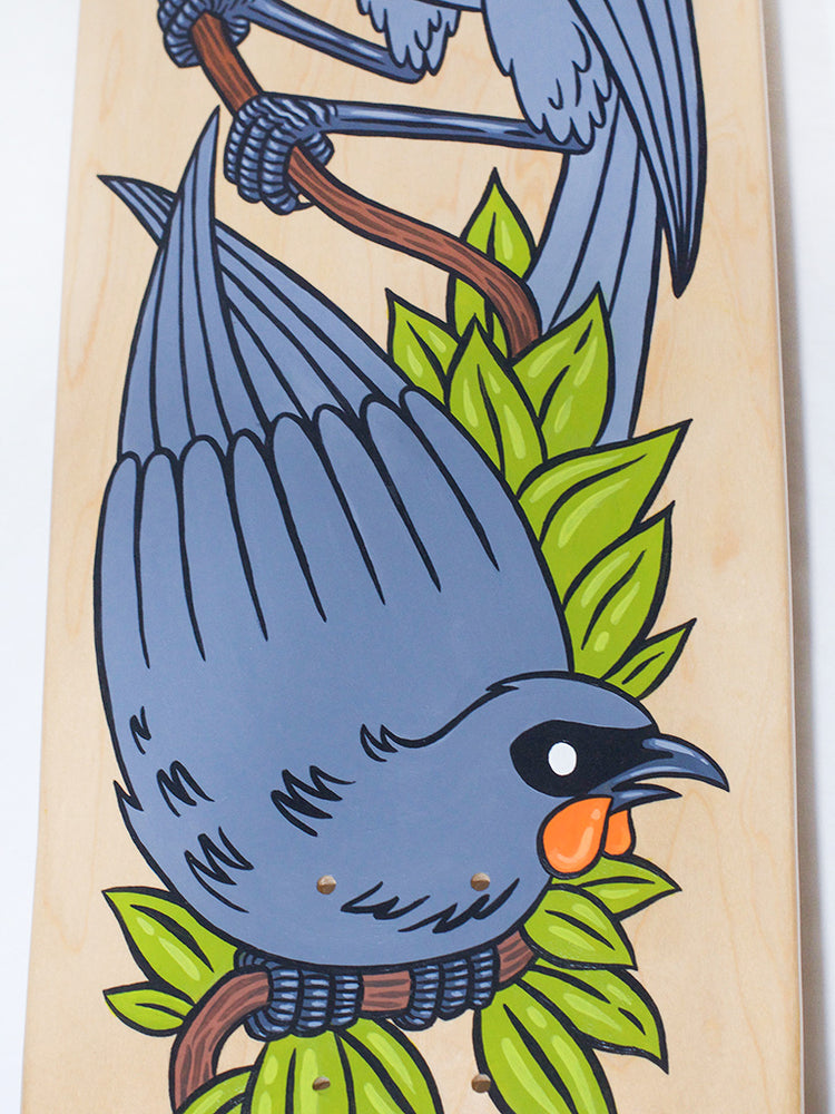 Elusive Kokako hand painted skateboard by From The Mill